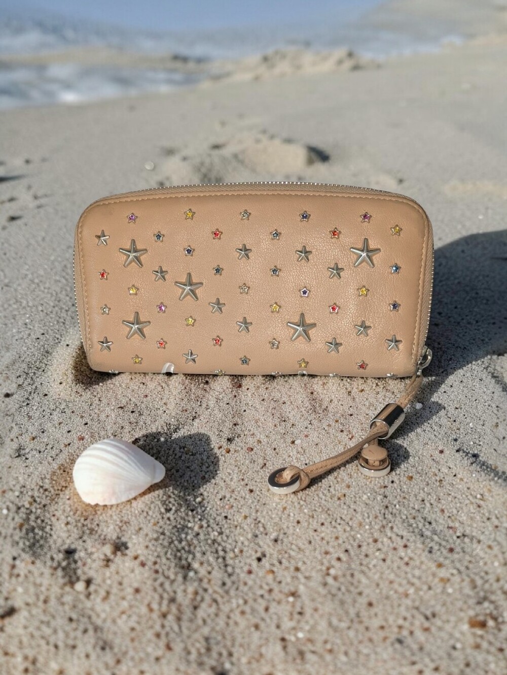 Jimmy Choo Filipa Beige Leather Crystal Star Studded Zip Wallet